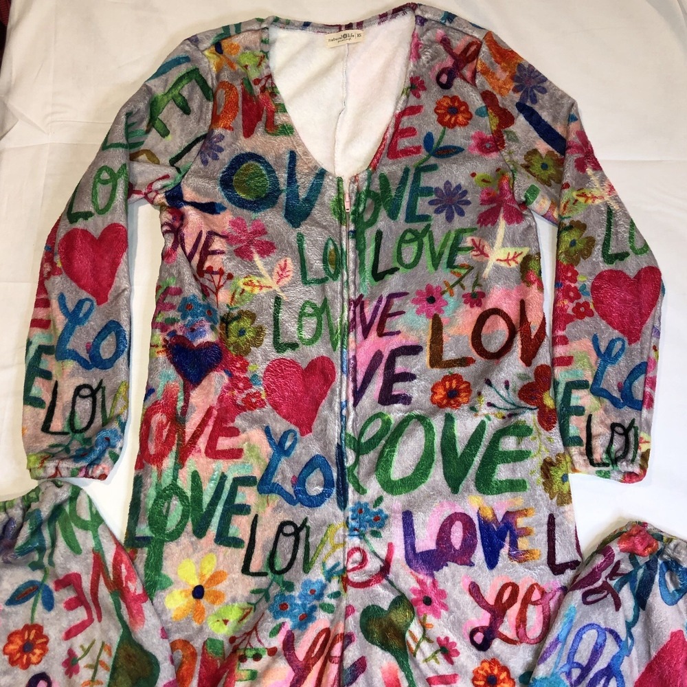 Natural Life XS Love Hearts Flowers Fleece Pajama Jumpsuit Footless Hippie Boho